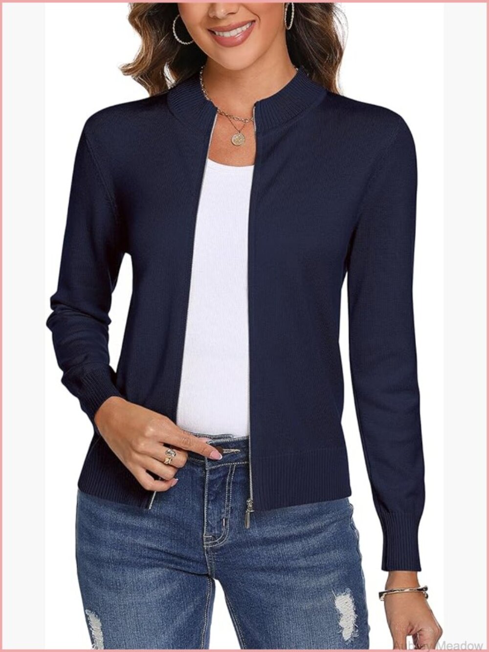 Long Sleeve Knitted Zip Up Cardigan Sweater Lightweight Zipper Jacket